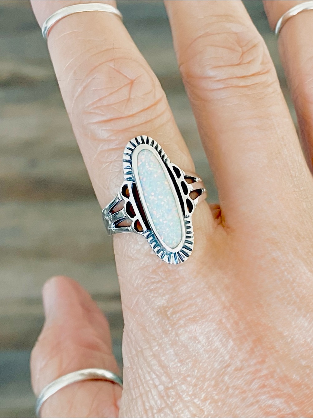 😍TOP SELLER😍 925 Silver Etched White Lab Opal Ring, Statement Boho Silver Rings - Picture 3 of 11